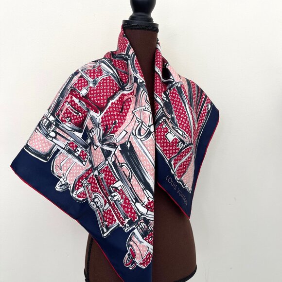 New Louis Vuitton Scarf Trunks Luggage Monogram Blue Red Silk Wrap - Picture 4 of 16